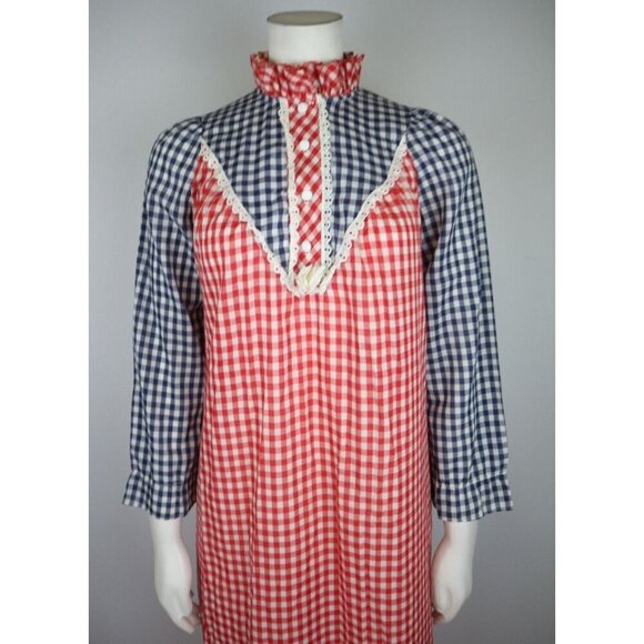 VINTAGE 1970s 70s WOMEN'S RED & BLUE PLAID NIGHTGOWN - CHERRI LYNN - SMALL - Picture 3 of 8